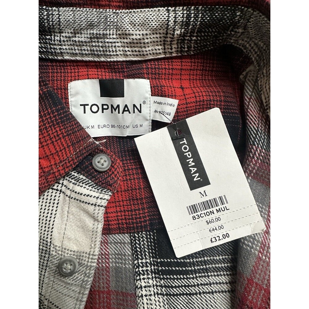 NWT Topman Asos Men's M Patchwork Plaid Flannel Button Up Shirt Red Black White - Picture 4 of 4